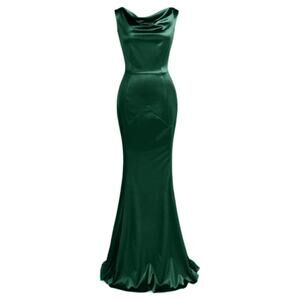 Muxxn 30s Satin Emerald Green Mermaid Drape Cowl Neck Formal Gown sz L